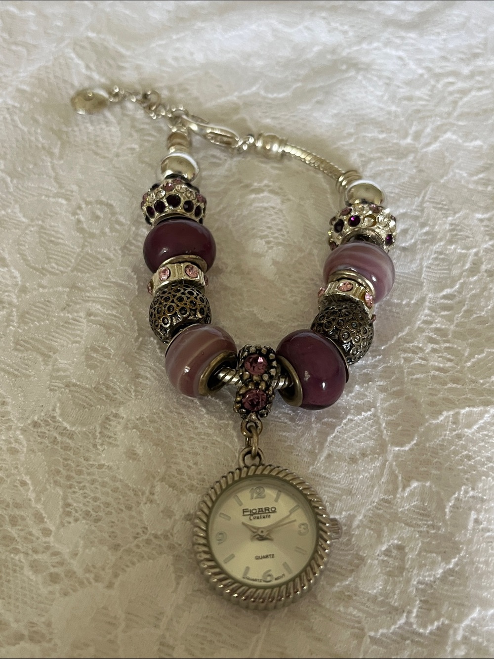 Figaro Beaded Purple Charm Bracelet Watch with Silver-Tone Accents